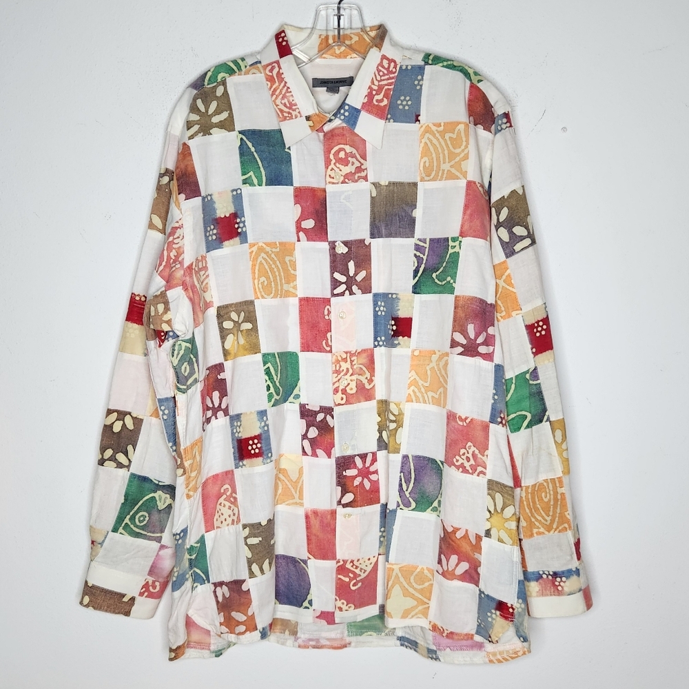 Johnston & Murphy Patchwork Shirt Mens Large Long Sleeve Hippie Batik Boho